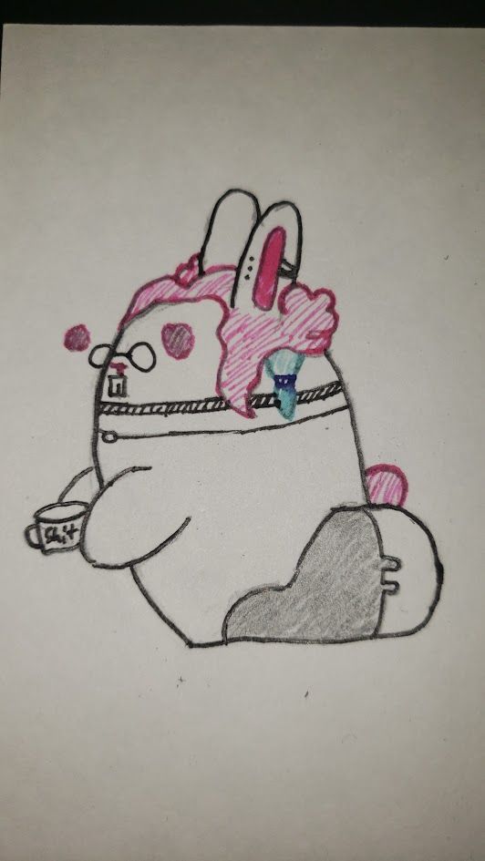 A bunny holding a coffee cup that says "Shit." on the side of it.