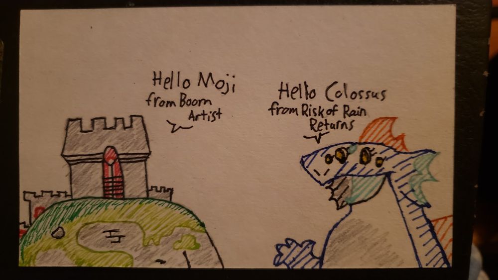 A kaiju and the Colossus from Risk of Rain Returns greeting each other.