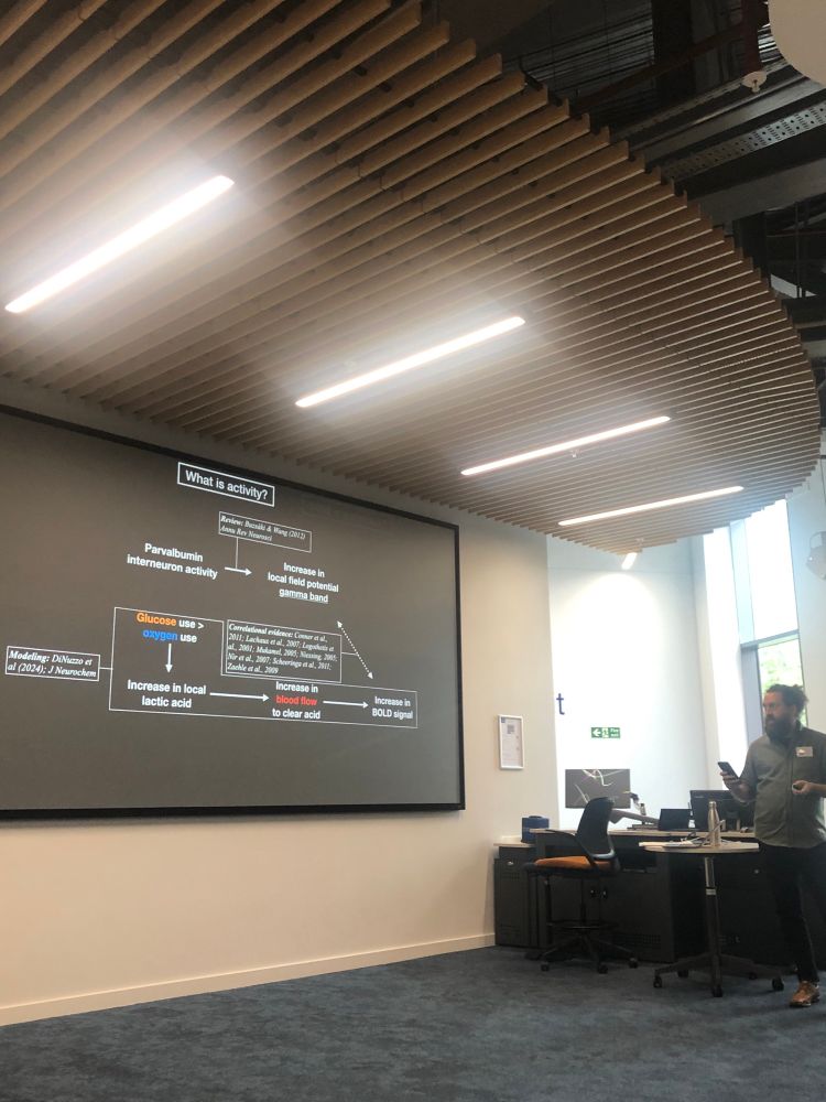 Neuroscientist Jordan Theriault wearing a blue shirt and black pants pointing at a slide that shows the relation between glucose metabolism and signals measured with functional magnetic resonance imaging.