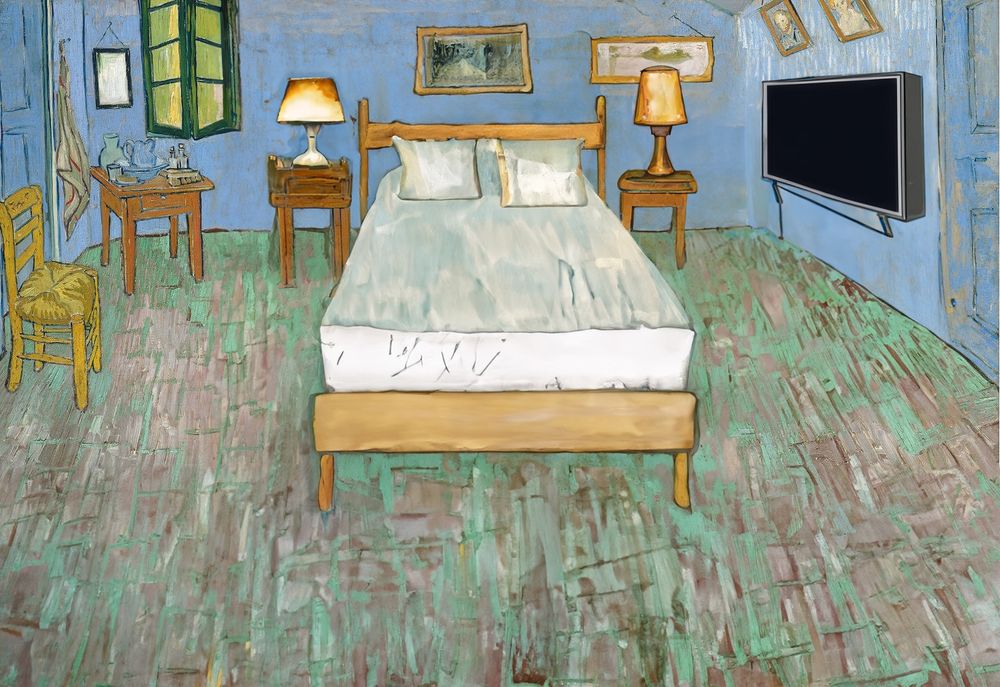 AI modified version of Van Gogh’s with a larger bed and a flatscreen tv on the wall