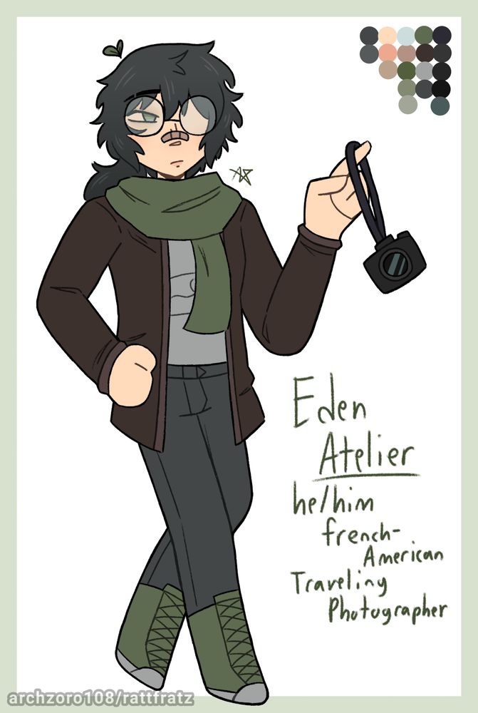 A design reference image for an original character. The text next to him says his name is Eden Atelier, his pronouns are he/him, he is French-American, and he's a traveling photographer.
He has scruffy black hair with a ponytail as well as glasses, a bandage over his nose, green eyes, and light skin. There is a small plant sprout coming out of the top of his head. He is wearing a green scarf, brown jacket, gray shirt, and black pants with green boots. One hand is on his hip while the other is holding the lanyard his camera is attached to with one finger. The background is white with a green border.