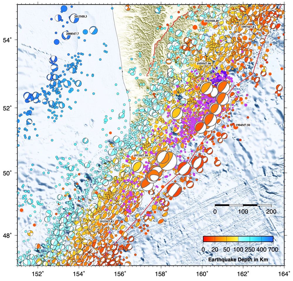 GCMTs of aftershocks plotted on centroid locations with grey outlines and larger symbols. Smaller aftershocks plotted as pink circles. Foreshock sequence in purple. Background seismicity from many different catalogs. Map generated using GMT software by Jascha Polet.