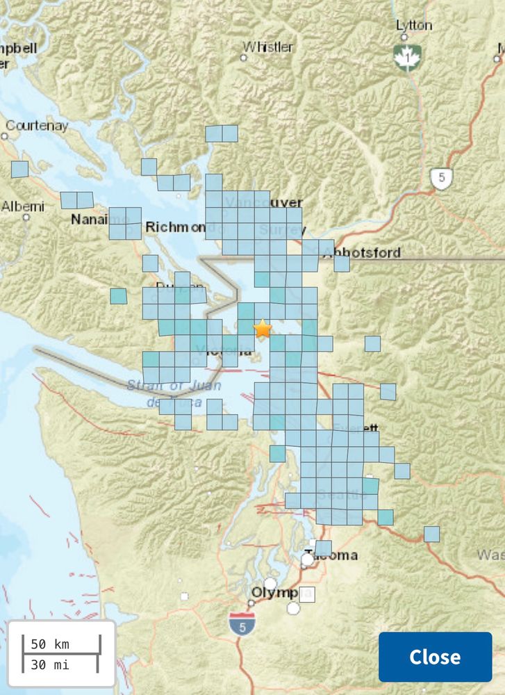 USGS did you feel it map for earthquake near Canada US border 
