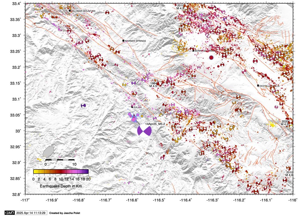 Map of today’s M5.2 #earthquake near Julian in the context of regional past seismicity. Earthquakes from many different catalogs are plotted. Current sequence with blue outlines.