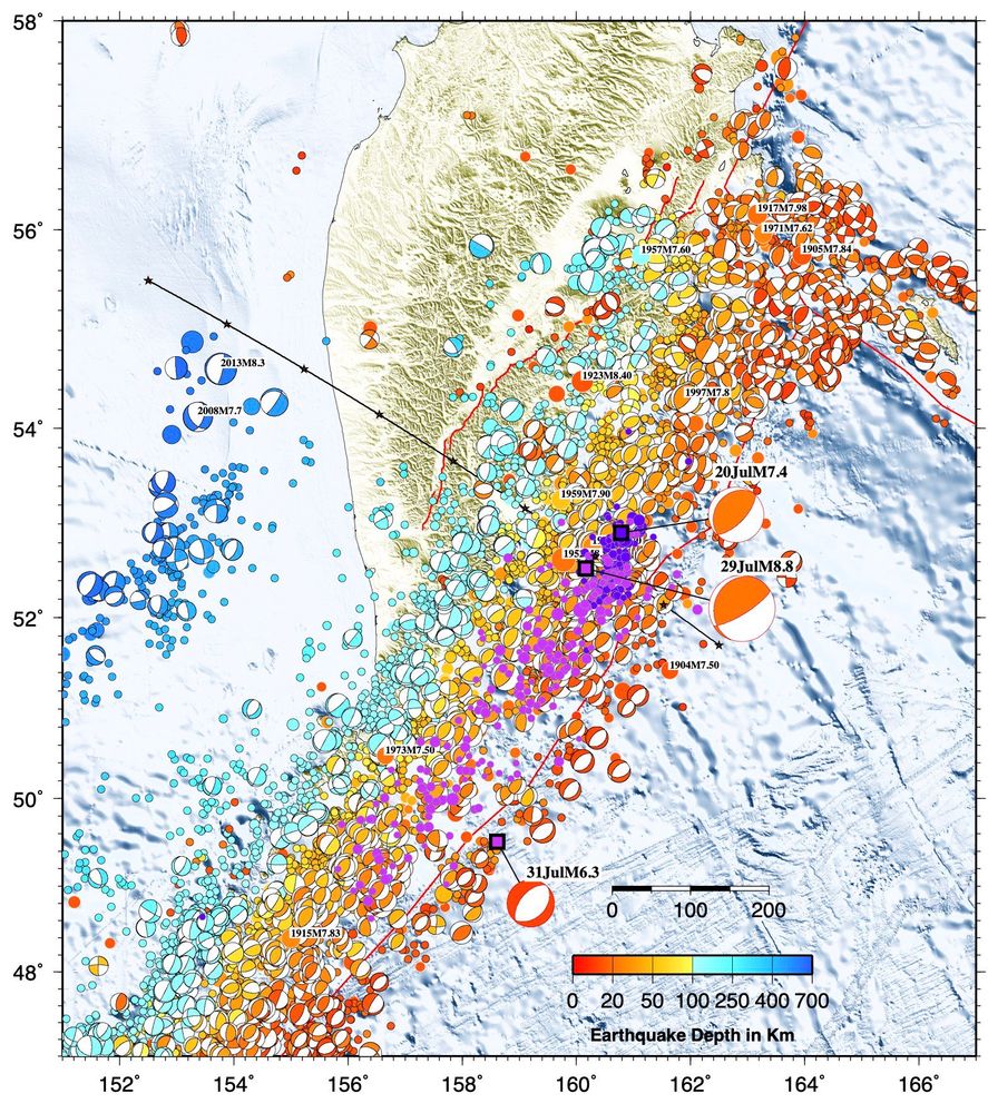 Map of seismicity with pink circles aftershocks of the M8.8 and the purple circles after shocks of the M7.4 foreshock