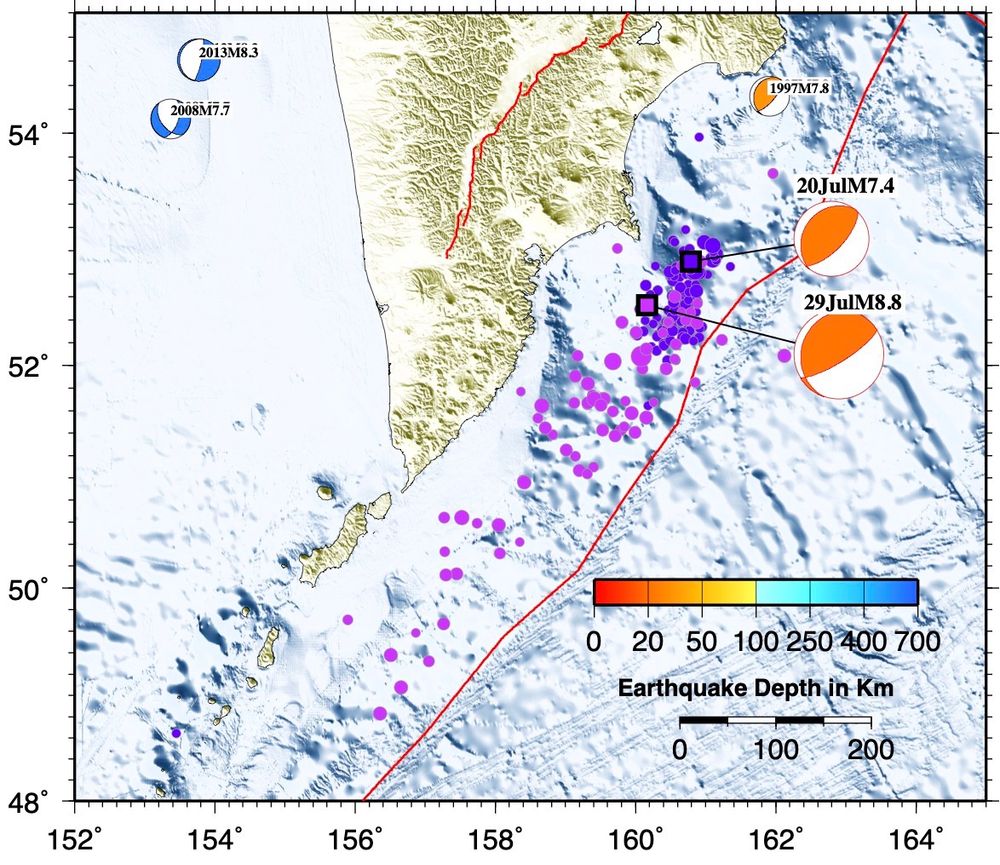 Earthquake sequences of Kamchatka this month. Pink is M8.8 aftershock sequence.