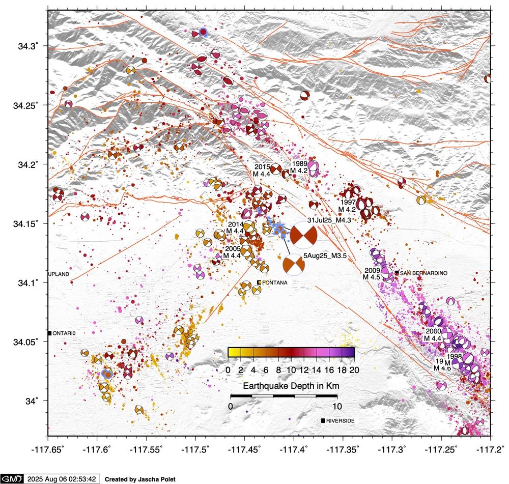 Map of past seismicity with events from last week outlined in blue.