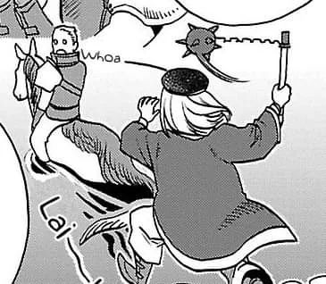 Falin in the Dungeon Meshi manga, rushing to user her mace to prevent Laios from being drowned by a kelpie.