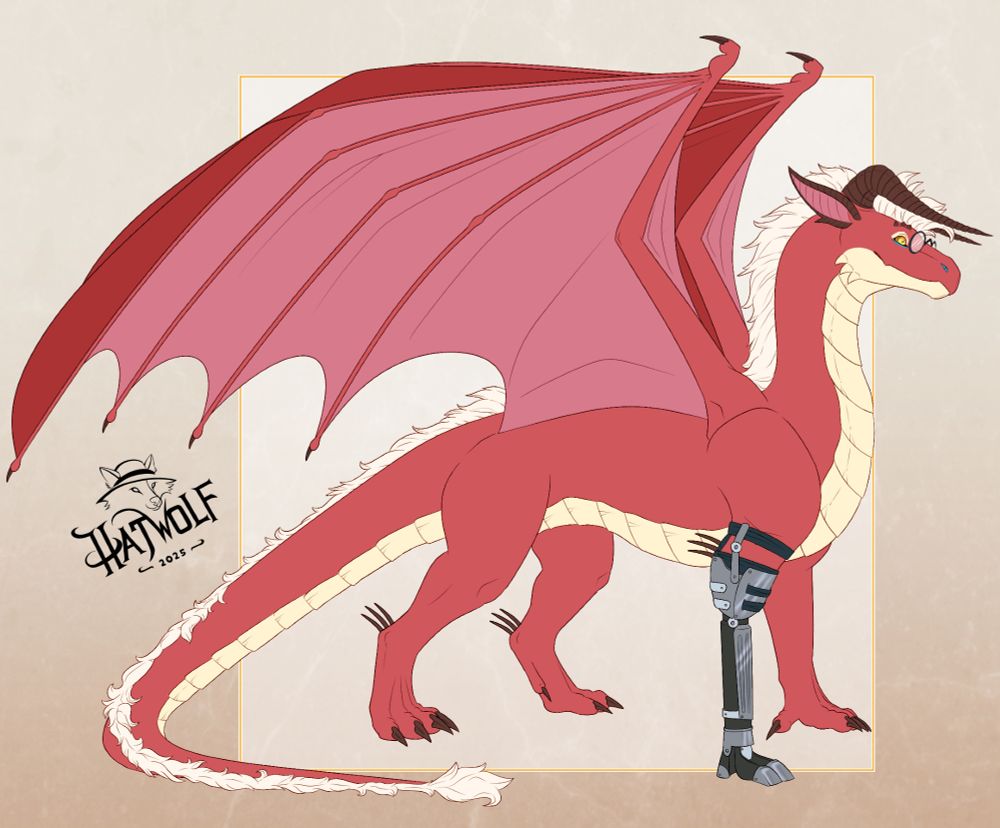A digital drawing of a large red dragon shown in side profile, standing proudly with wings partly spread. The dragon has cream-colored underbelly scales, two dark red horns curving back, and a mane of white fur along its neck and tail. Its left front leg is replaced with a sleek mechanical prosthetic. The wings are wide and powerful, and the tail ends in a tuft of fur. The background is light beige with a thin golden border framing the dragon. A logo with a stylized fox head and the text “Hatwolf 2025” appears in the lower left corner.