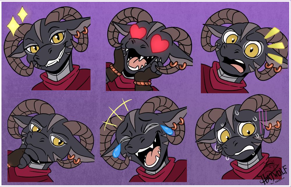 A sheet of six expressive cartoon-style portraits of a small black-scaled kobold character with curled brown ram horns, golden eyes, and copper earrings. The character wears a red cowl. Top row, left to right: they smile confidently with sparkling effects beside her head; she clutches their cheeks with both hands and grins with glowing heart-shaped eyes; she looks shocked, eyes wide with yellow marks. Bottom row, left to right: she rests their chin on their hand with a skeptical, thinking expression; she laughs hard with eyes closed and tears of joy, head tilted back; she looks extremely nervous, sweating heavily with worried eyes and purple stress lines above her head.
