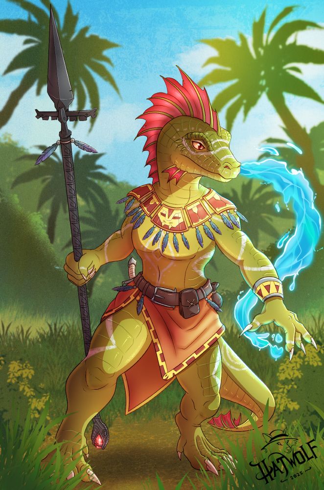 A muscular, anthropomorphic lizard warrior stands in a sunlit jungle, holding a large spear in one hand and conjuring swirling blue magical water with the other. The lizard has green scaly skin with red crests along its head, and is adorned with tribal-inspired jewelry, including a feathered necklace and arm bands. It wears a red cloth skirt with a belt and pouches, and has war paint markings on its legs. Palm trees and dense greenery surround the figure under a bright blue sky. The scene conveys strength, magic, and a tropical fantasy setting. The artist's signature, "Hatwolf 2025", is visible in the corner.