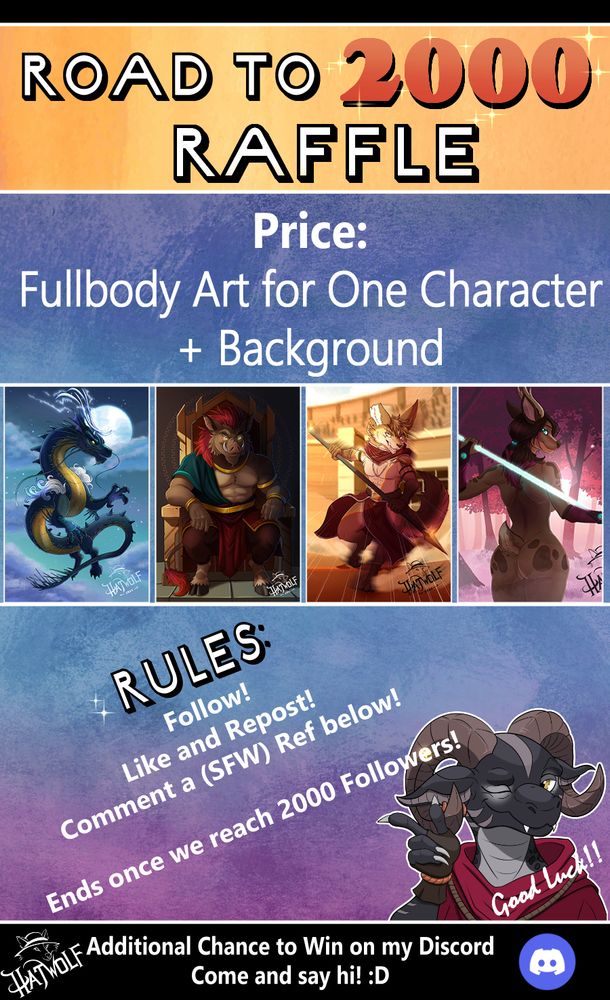 A colorful promotional graphic for an art raffle titled “Road to 2000 Raffle.” The top banner has bold black text with “2000” in shiny red numbers. Below, it says “Prize: Fullbody Art for One Character + Background” in large white letters on a purple background. Four sample artworks are shown: a dragon under a moonlit sky, a muscular boar-like character sitting on a throne, a fox warrior holding a staff, and a deer wielding a glowing spear in a forest. Underneath, the rules are listed diagonally: “Follow! Like and Repost! Comment a (SFW) Ref below! Ends once we reach 2000 Followers!” In the bottom-right corner is a winking black kobold character giving a thumbs up with the words “Good Luck!!” Next to this is the Hatwolf logo and a Discord logo, with text saying, “Additional Chance to Win on my Discord – Come and say hi! :D”