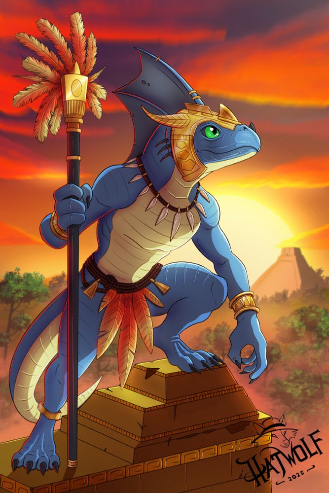 An anthropomorphic blue lizard stands heroically atop a stepped ruin at sunset. The creature has a muscular build, a cream-colored underbelly, green eyes, and wears ornate gold and feathered accessories, including a headdress, necklace, bracelets, and a loincloth with red and orange feathers. It holds a tall staff topped with golden decorations and large feathers. The background features a vivid sunset sky in shades of red, orange, and purple, with a silhouette of another pyramid visible in the distance amidst a forested landscape. The image is signed “HatWolf 2025” in the bottom right corner.