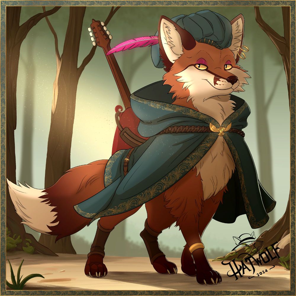 A richly colored illustration of a dashing fox character walking in a serene forest setting. The fox has reddish-brown fur with a white chest and muzzle, and their expression is confident and mischievous. They wear an elaborate fantasy outfit, including a teal cape with golden trim, fastened by a brooch shaped like an owl. A matching teal hat with a pink feather rests on their head, and a mandolin is slung over their shoulder, hinting at their bardic role. The background depicts tall trees bathed in soft golden light, creating an adventurous yet tranquil atmosphere. The artwork is detailed and framed with ornate patterns, with the artist's watermark, "Hatwolf 2024," visible in the corner.