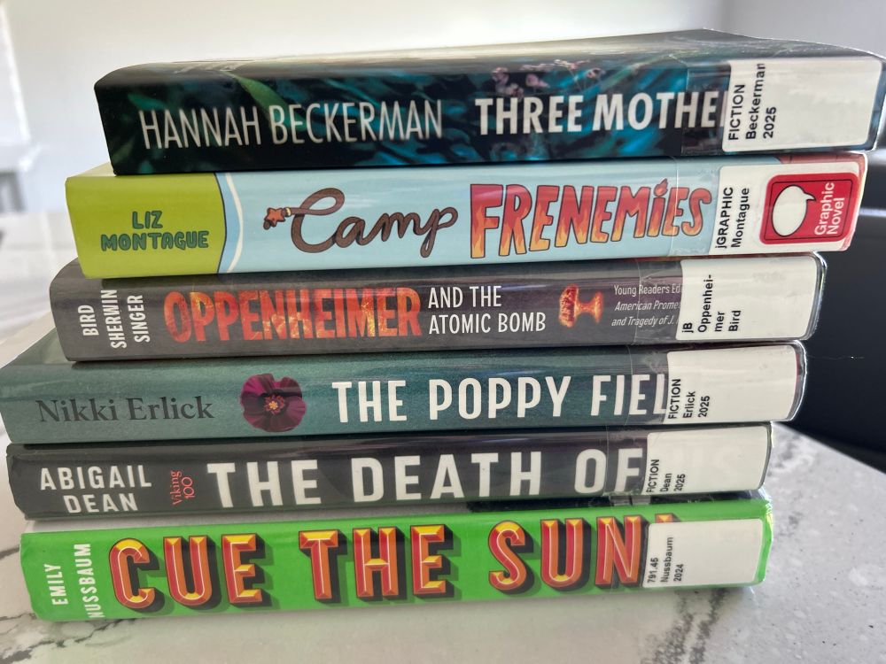 Three Mothers by Hannah Beckerman, camp Frenemies by Liz Montague, Oppenheimer by Bird/ Sherwin / Singer, the Poppy Field by Nikki Erlick, the Death of Us ny Abigail Dean and Cue the Sun by Emily Nussbaum