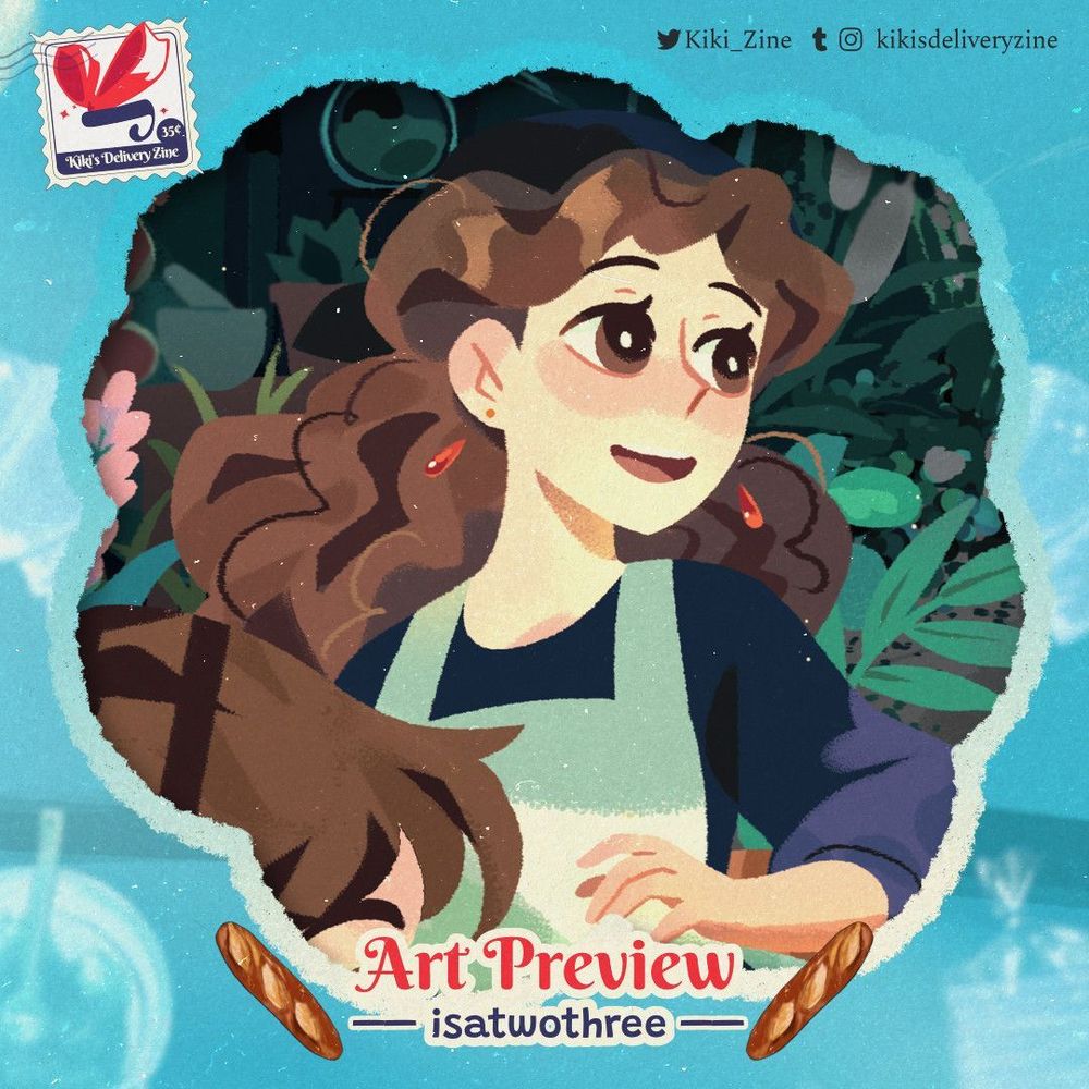 A graphic with a sky blue background and cloud-shaped preview of the contributor's piece for the zine. 

The preview shows an illustration of Kiki's mother wearing a dark purple shirt with a pale green apron. She is looking off to the viewer's right and is surrounded by various plants and herbs.

The graphic is labeled as Art Preview and credits isatwothree for the piece.