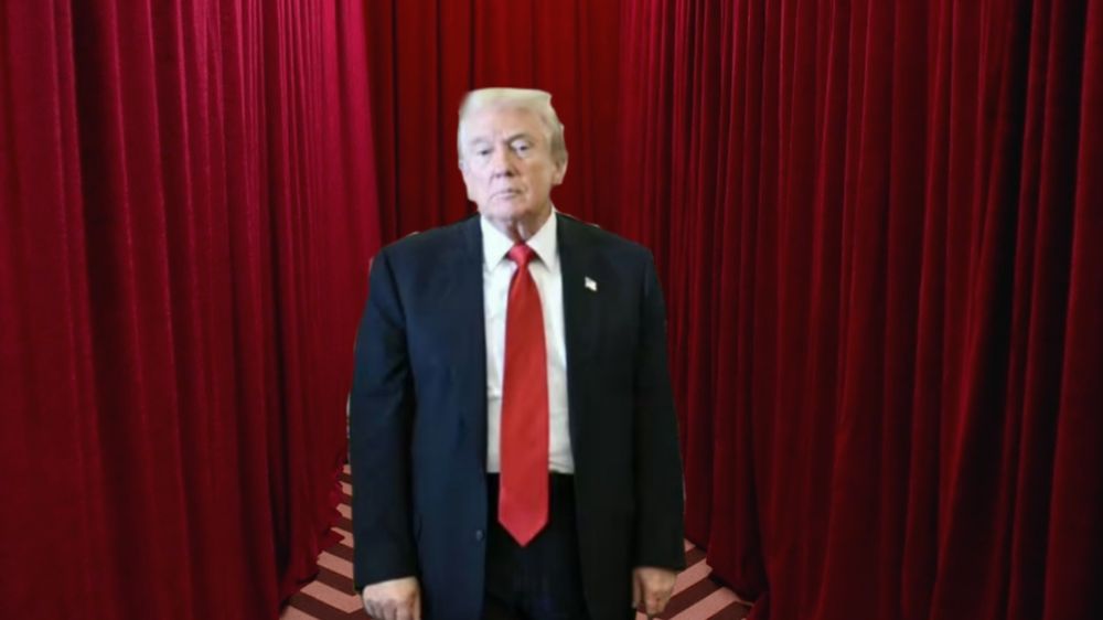 Feckless Donald Trump stands in front of red drapes, in the red room from twin peaks