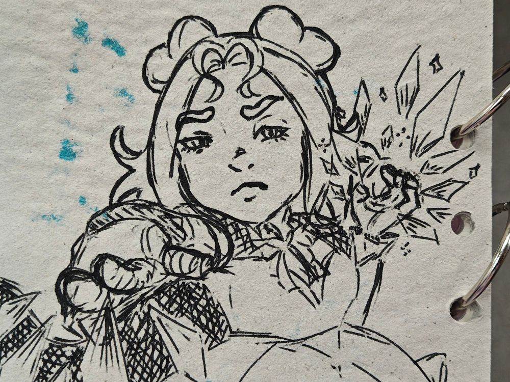 Another pen sketch of Winni casting some ice magic with one hand pointing forward and the other back closer to her head. She is squinting and looking focused 