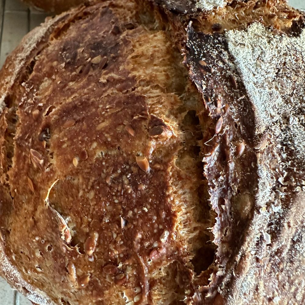 An ear on a sourdough loaf