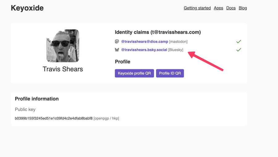 screen capture of my Keyoxide profile page