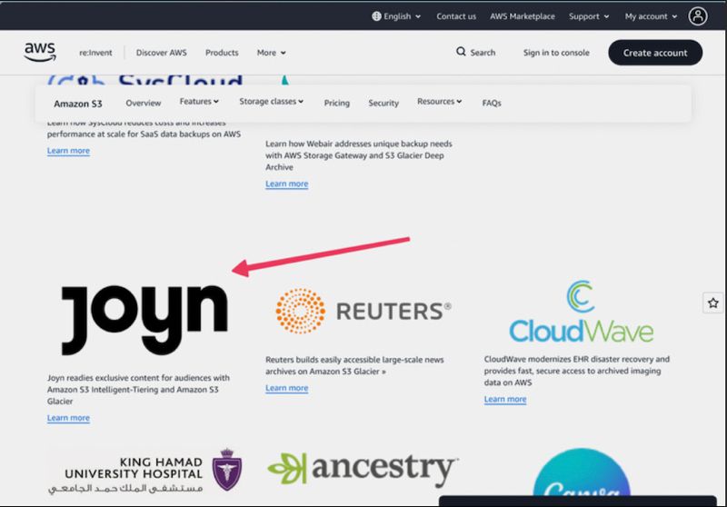 Screenshot of AWS website