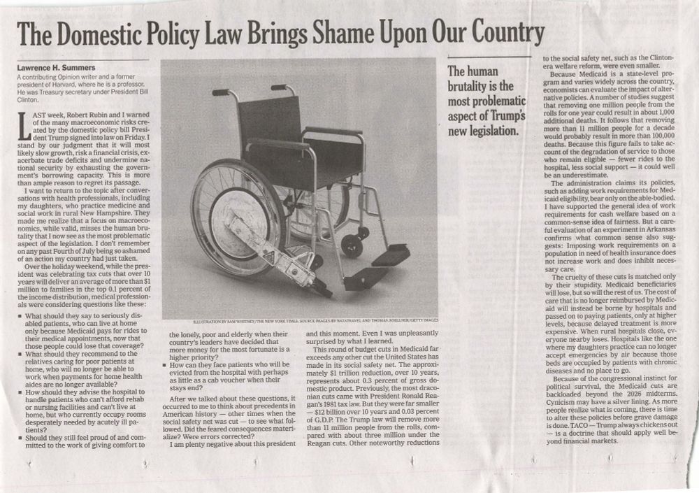 Lawrence Summers in the NYT 7-9-2025