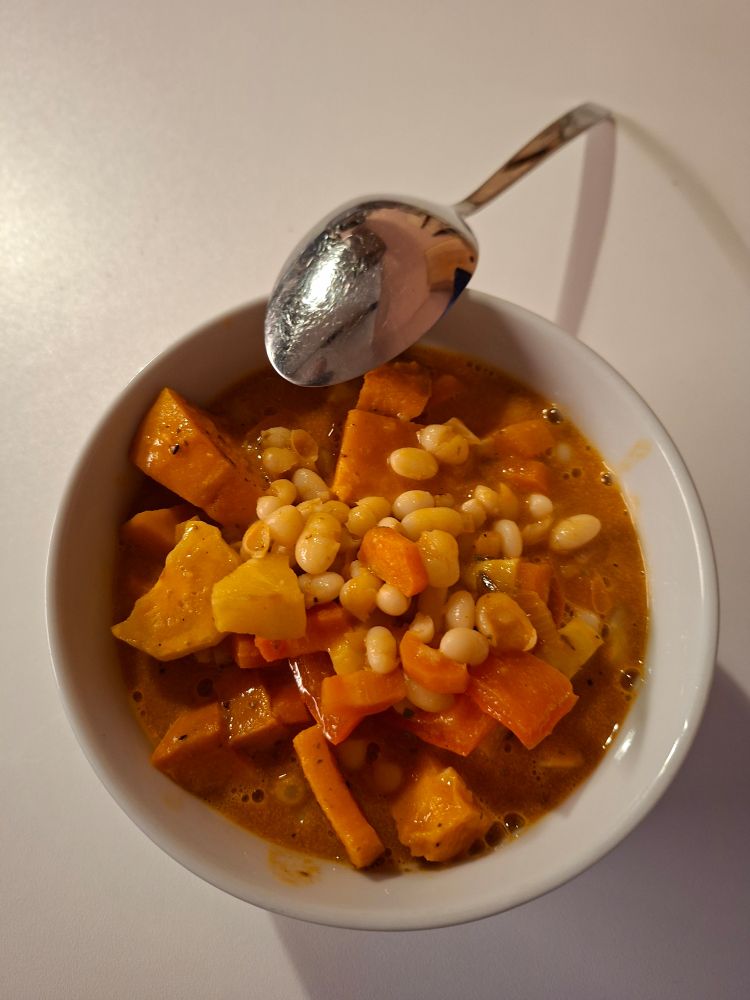 Eine Schale Gemüseeintopf mir weißen Bohnen