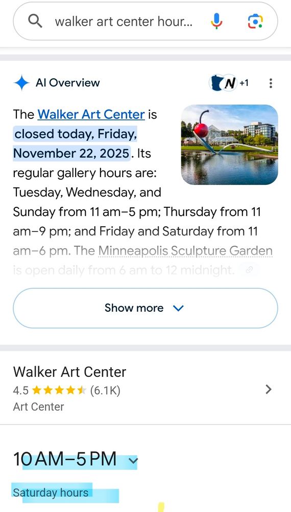 Screen shot of Google AI Overview showing the incorrect day/date combination for operating hours at the Walker Art Museum.