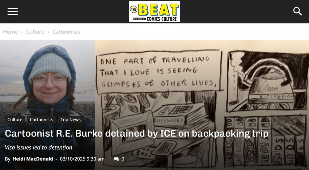 Screenshot of the headline of The Comics Beat article by Heidi MacDonald on the ICE detention of R.E. "Becky" Burke. Headline: "Cartoonist R.E. Burke detained by ICE on backpacking trip: Visa issues led to detention"