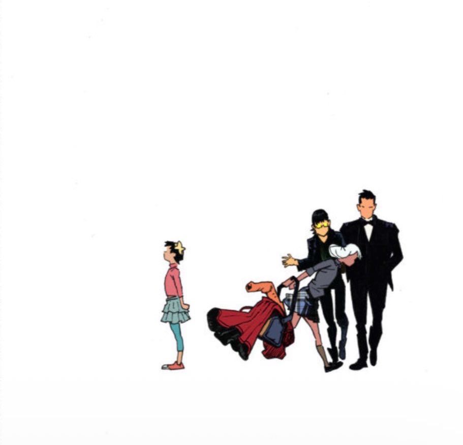 A panel from Gotham Academy: First Year #3 by Marco Ferrari and Eva de La Cruz — a nearly empty white panel with four small figures clustered at the bottom: Maps facing away from Olive, Isla, and Bruce. The vast blank space above them gives the moment a quiet, cinematic feel.