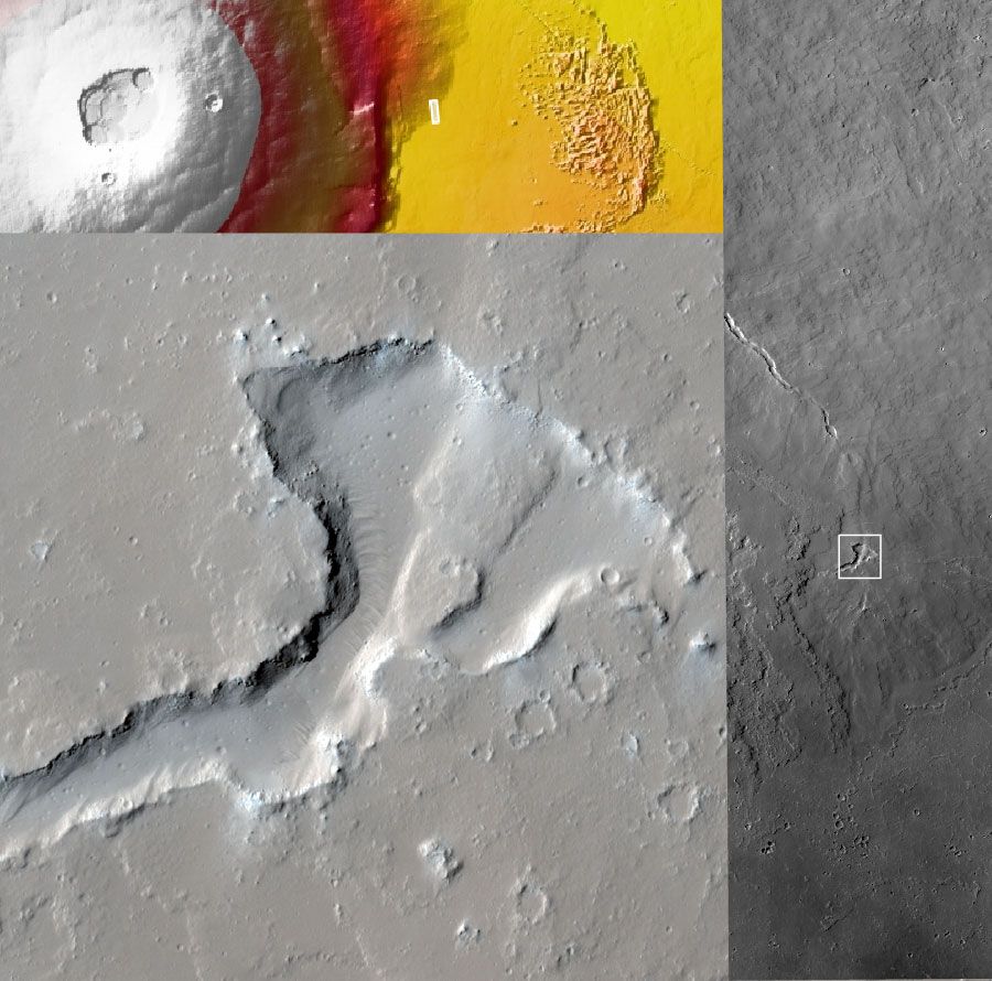 Secuencia de imágenes de la cámara HiRISE a bordo de Mars Reconnaissance Orbiter que muestran, con diferente escala, una zona de coladas de lava en un flanco de Olympus Mons. Estas observaciones permiten estudiar la textura y la estructura de los flujos basálticos marcianos. Créditos: NASA/JPL-Caltech/University of Arizona.