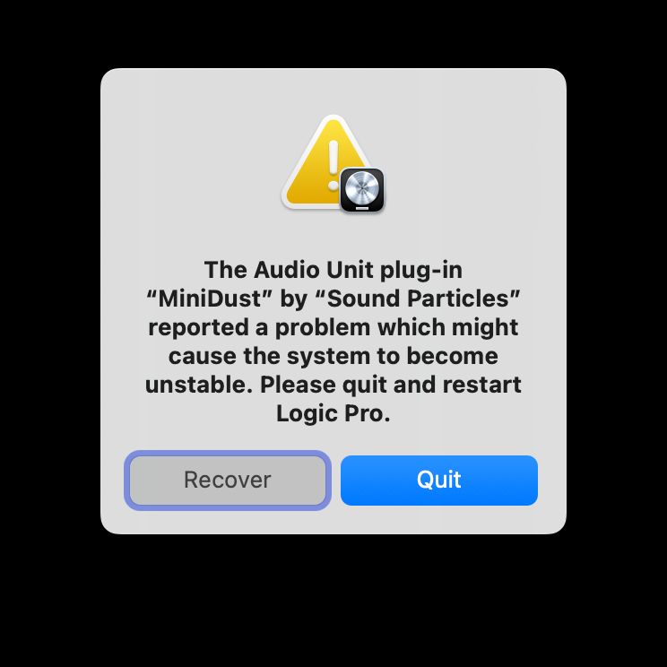 screens shot of the crash dialog of Minidust in Logic Pro.