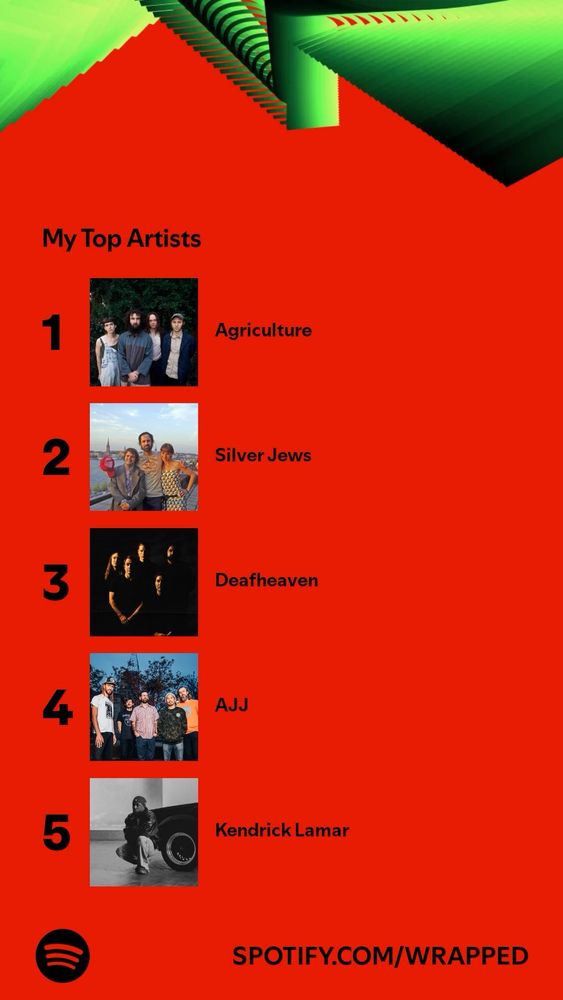 Spotify Wrapped - My top artists: 1. Agriculture, 2. Silver Jews, 3. Deafheaven, 4. AJJ, 5. Kendrick Lamar