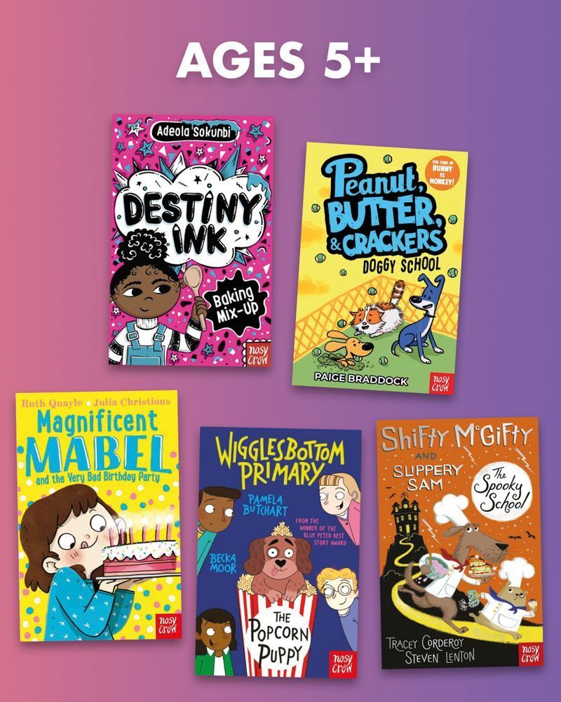 4 books from children's publisher Nosy Crow that are recommended reads for ages 5+ for the back-to-school season. Including Destiny Ink: Baking Mix Up, Peanut, Butter, & Crackers: Doggy School, Magnificent Mabel and the Very Bad Birthday Party, Wiggglesbottom Primary: The Popcorn Puppy and Shifty McGifty and Slipper Sam: The Spooky School.