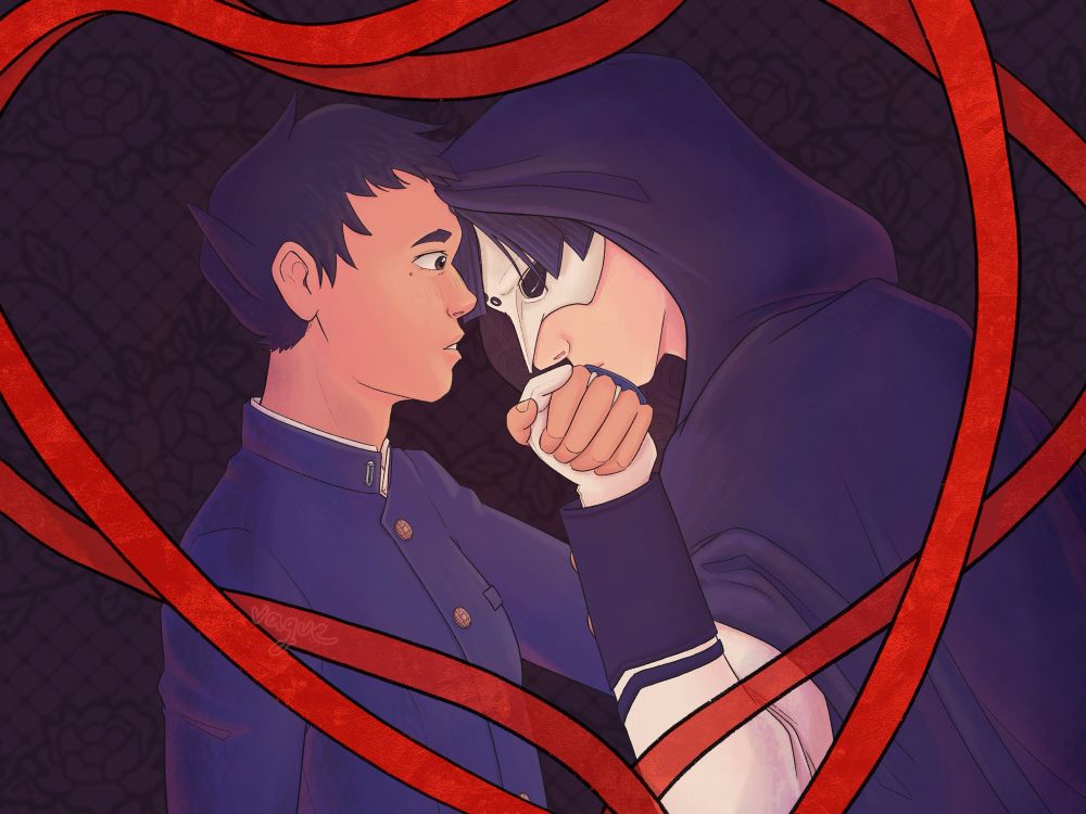 Fanart of Ryunosuke Naruhoudo and Kazuma Asogi from TGAA. Drawn from a side angle, Kazuma is in his masked apprentice attire and kissing Ryunosuke’s hand. Red ribbon in the foreground vaguely forms the shape of a heat around them and the background is dark with a faint lace texture 