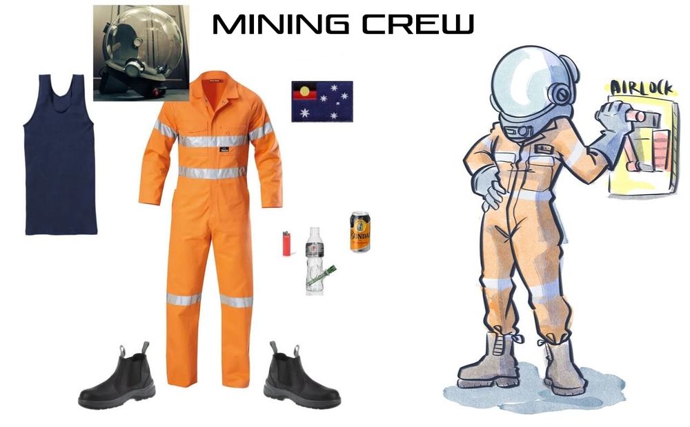 Vision board labelled "mining crew" showing orange hi vis overalls, a blue singlet, a bubble helmet, a lighter and gatorade bong, a can of premix Bundaberg rum and coke, steelcap work boots, and an Australian flag patch with the Union Jack replaced with the Aboriginal flag. To the right of these items is an illustrated figure wearing the above and throwing an airlock switch