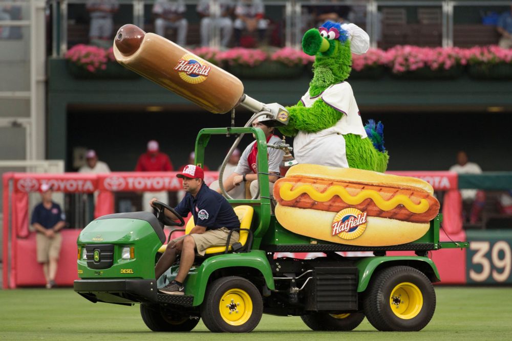 the Phillie Phanatic atop his mobile hot dog cannon