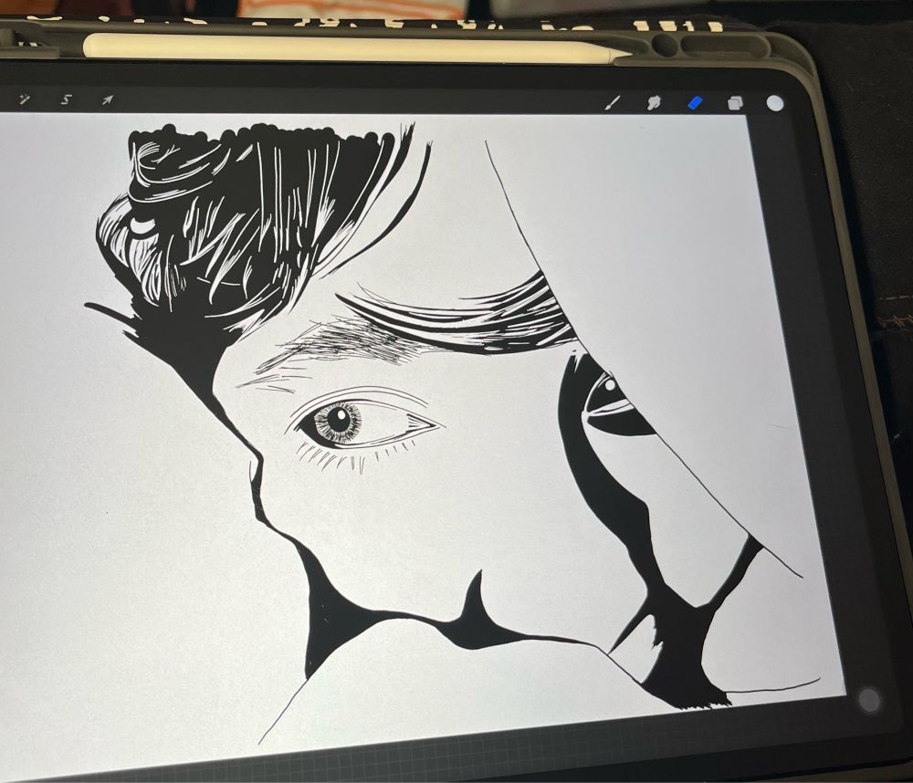 A drawing of a woman with a side-eye glance from behind crumpled blankets.