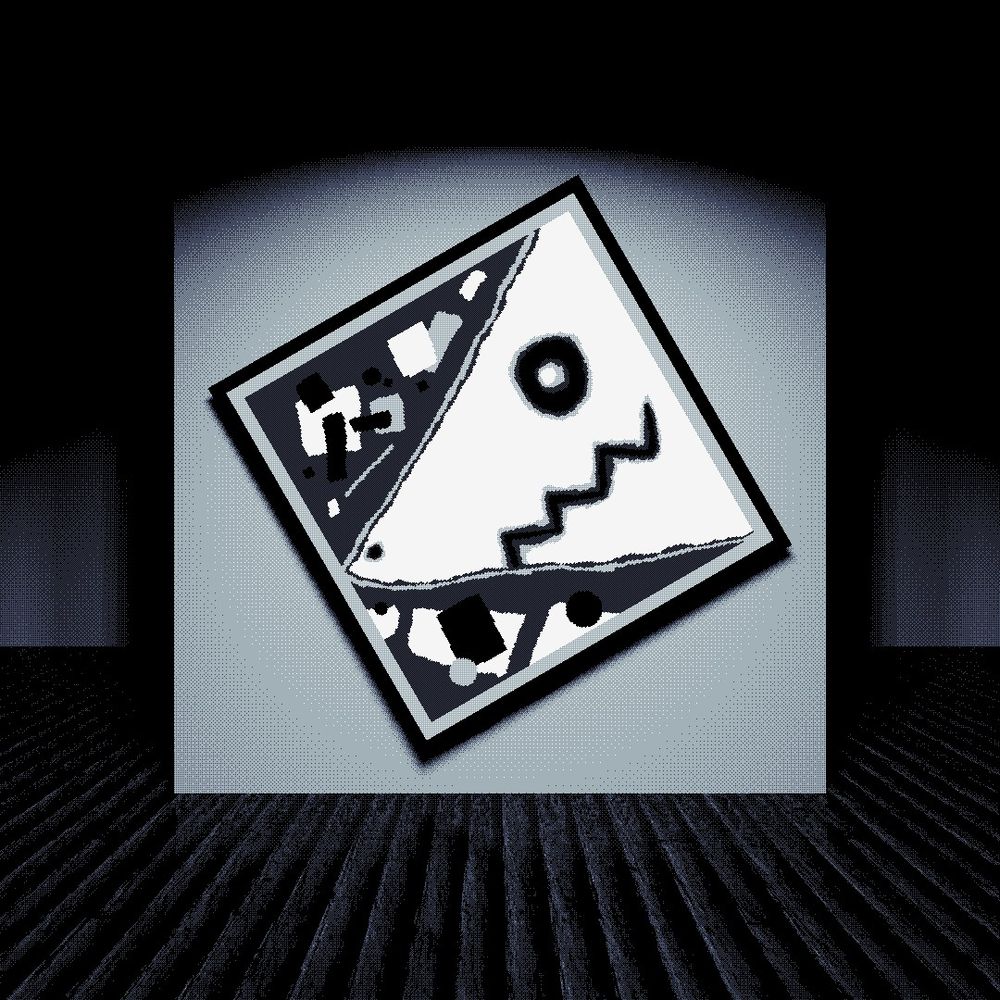 4 color Godot render of a gloomy art gallery space with a big square pixel art painting of a shark's face with geometric shapes surrounding it. Painting is tilted 30 degrees.