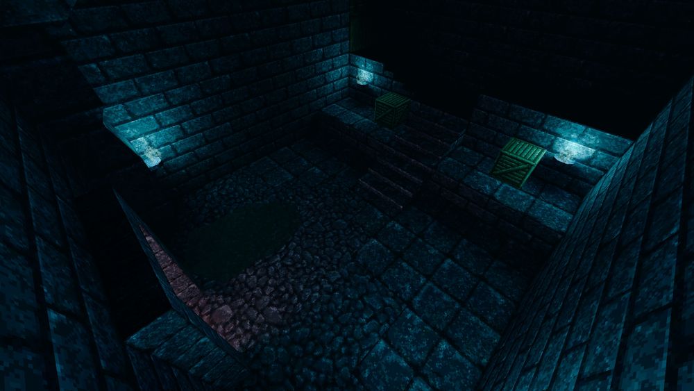 Screenshot of a WIP indoors map: dungeon room illuminated by four light blue flames and an exit leading outside. Next to the exit, there is a puddle of grimy liquid. Two wooden crates are placed nearby a stairway going upwards into the darkness.