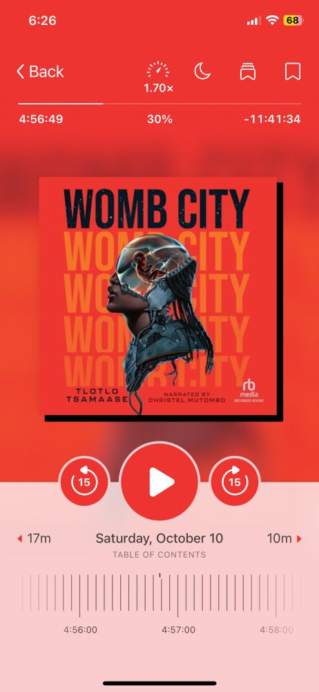 Screenshot of my Libby app showing that I’m 30% into the Womb City audiobook.
