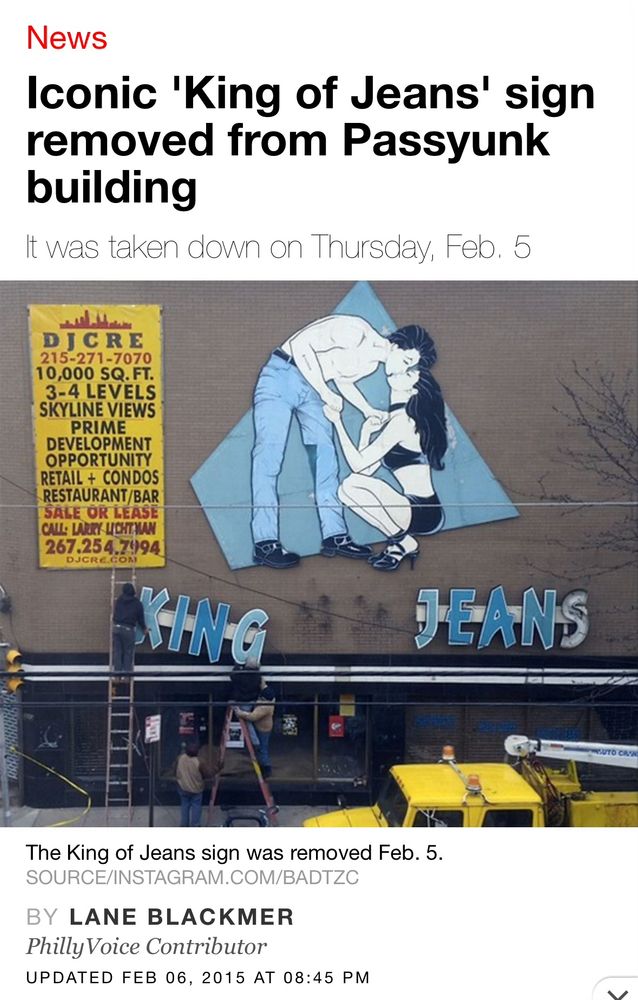 A screenshot from a news article about the removal of a famous “King of Jeans” sign in South Philly. The sign has an art style reminiscent of 50s diners. It depicts a shirtless man in jeans leaning down to kiss a crouching woman in a two-piece outfit and heels.
