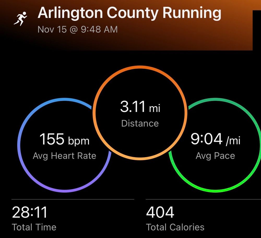 Three mile run stats. 9.04 min per mile for a total of 28 min 11 sec 
