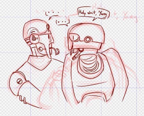 Huyang and SM-33 stare at each other. Huyang's pipe is still out but has slinked mostly in. They are silent for a minute before SM-33 says, "Holy shit, 'Yang" 