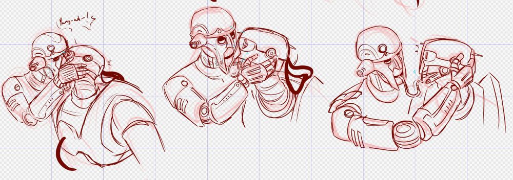 3 panels of Huyang and SM-33: 
1st: Huyang brings SM-33's head closer and tilts it to press his mouth against his grill while holding the sides of his head in his hands and hiding his mouth from the viewer. SM-33, surprised: "'Yang- wh-!" Blue sparks still connect their foreheads together and steam is puffing out of the vents in Huyang's face. 
2nd: Huyang's hand moves, revealing his waste pipe curled behind SM-33's grill and rubbing along his vocoder, leaving blue sparks of static electricity. Huyang's eyes are half lidded as he holds SM-33 in place. Steam is lifting from his facial vents. 
3rd: Huyang has leaned away now, his pipe stretching to flick the bottom of SM-33's grill as it leaves. Huyang's hand moves to hold the back of SM-33's head instead. SM-33 is stunned. 