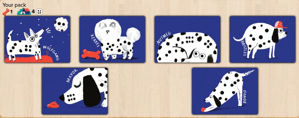 6 'completed' dog cards from the game Spots which will win the game.