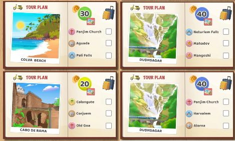 4 examples of tour plan cards with illustrations which each also have 3 destinations to visit during the game of Go Goa.