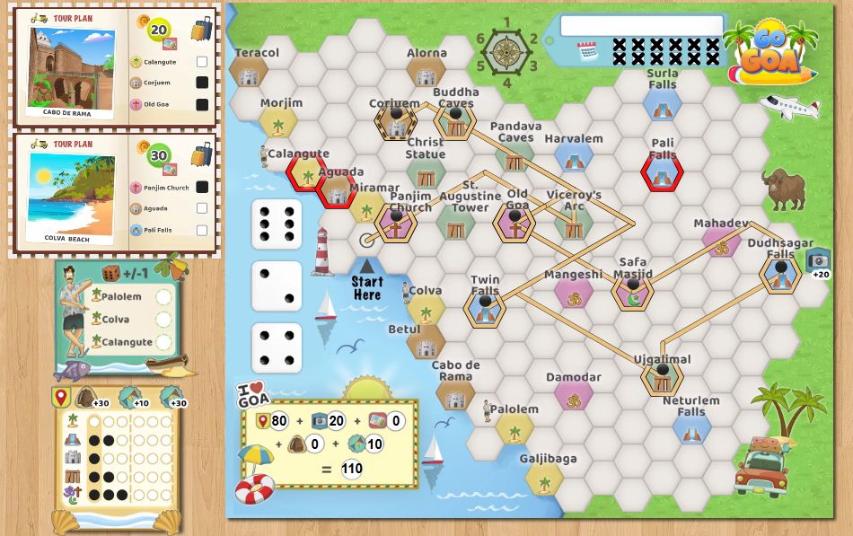 A player sheet at the end of Go Goa, showing all the destinations visited and points scored during the game.