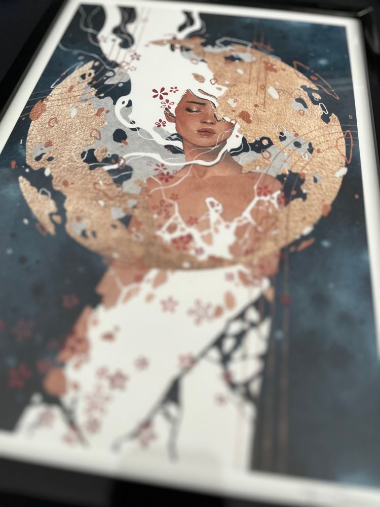 A4 signed print I bought during the campaign. I put it in a frame right away ! 
The sign is on the left bottom (really blurred by the photo filter)