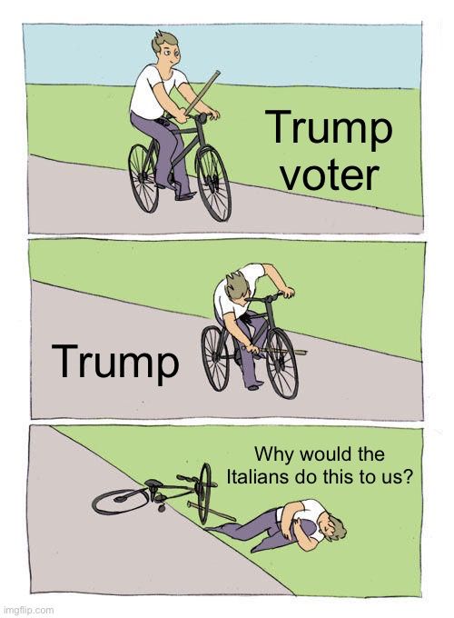 Bicycle meme of a bike rider labeled Trump voter sticking a stick labeled Trump in the spokes of his bike wheel and complaining about the Italians knocking him over. 